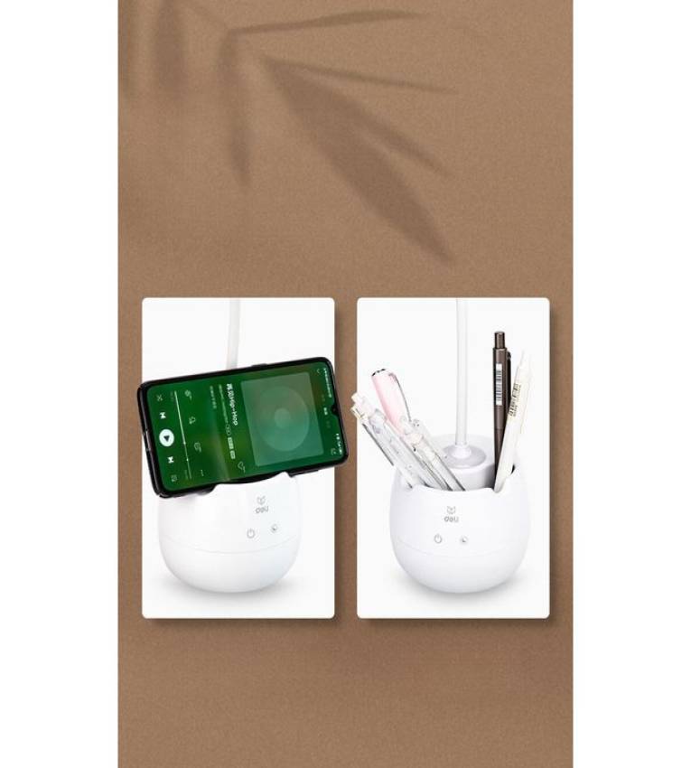 Deli Lampe de bureau LED moderne avec porte-stylos, Rechargeable par USB ,Éclairage ajustable et confortable